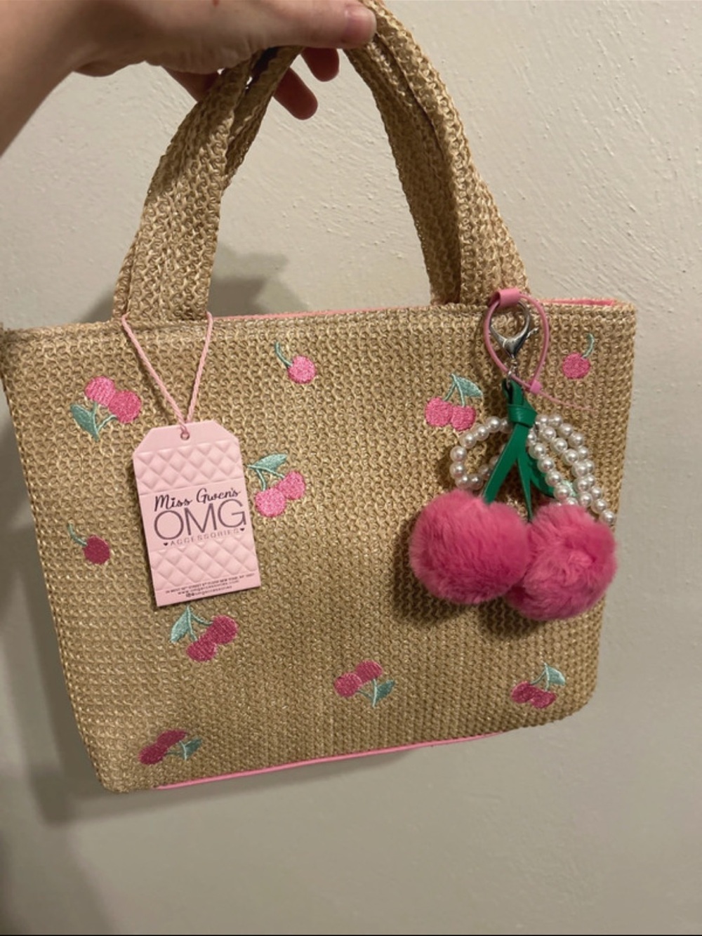 NWT Straw Tote Bag with Pink Cherry Embroidery and removable bag charm